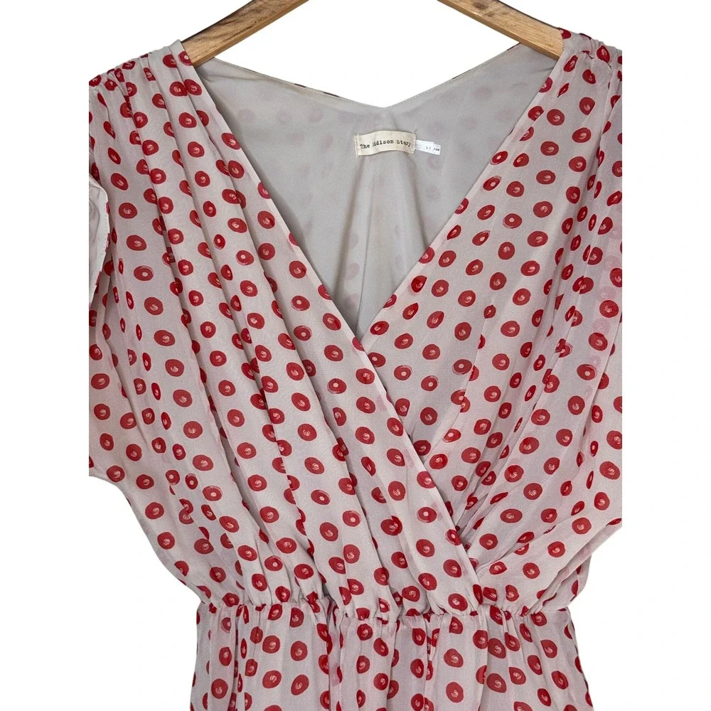 The Addison Story Anthropologie 100% Silk Red Dot Mini Dress XS Ruched Sleeve